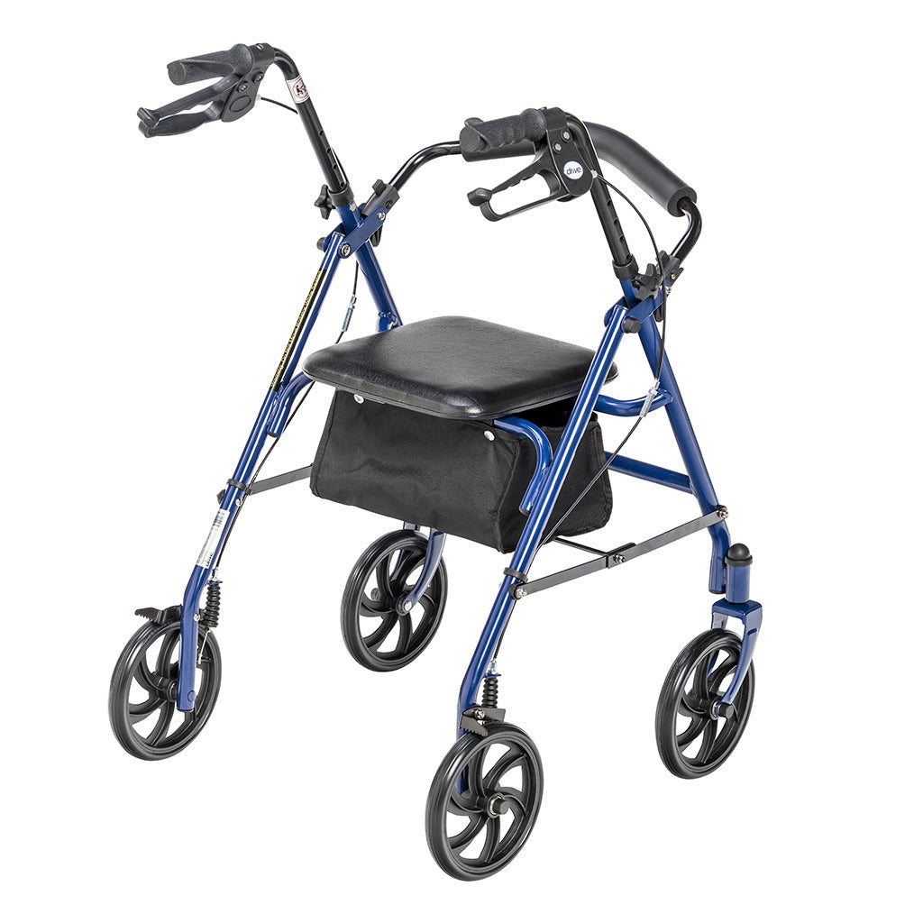 Four-wheel rollator with blue frame, black padded seat, loop hand brakes, underseat bag, and large spoke wheels on white