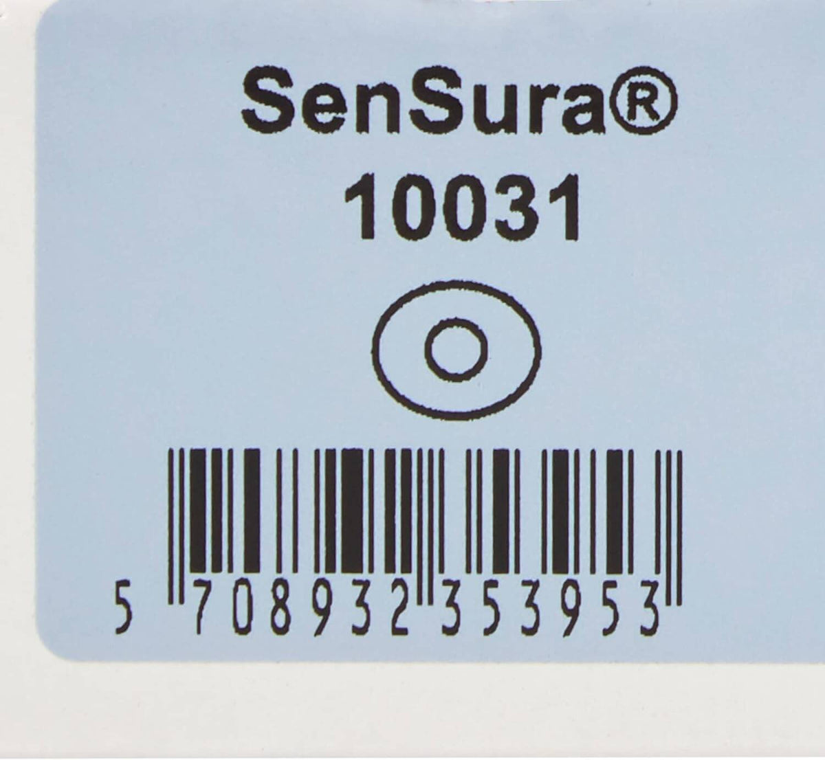 Ostomy baseplate packaging label showing SenSura 10031 product name, oval stoma cutout diagram, and barcode on light blue
