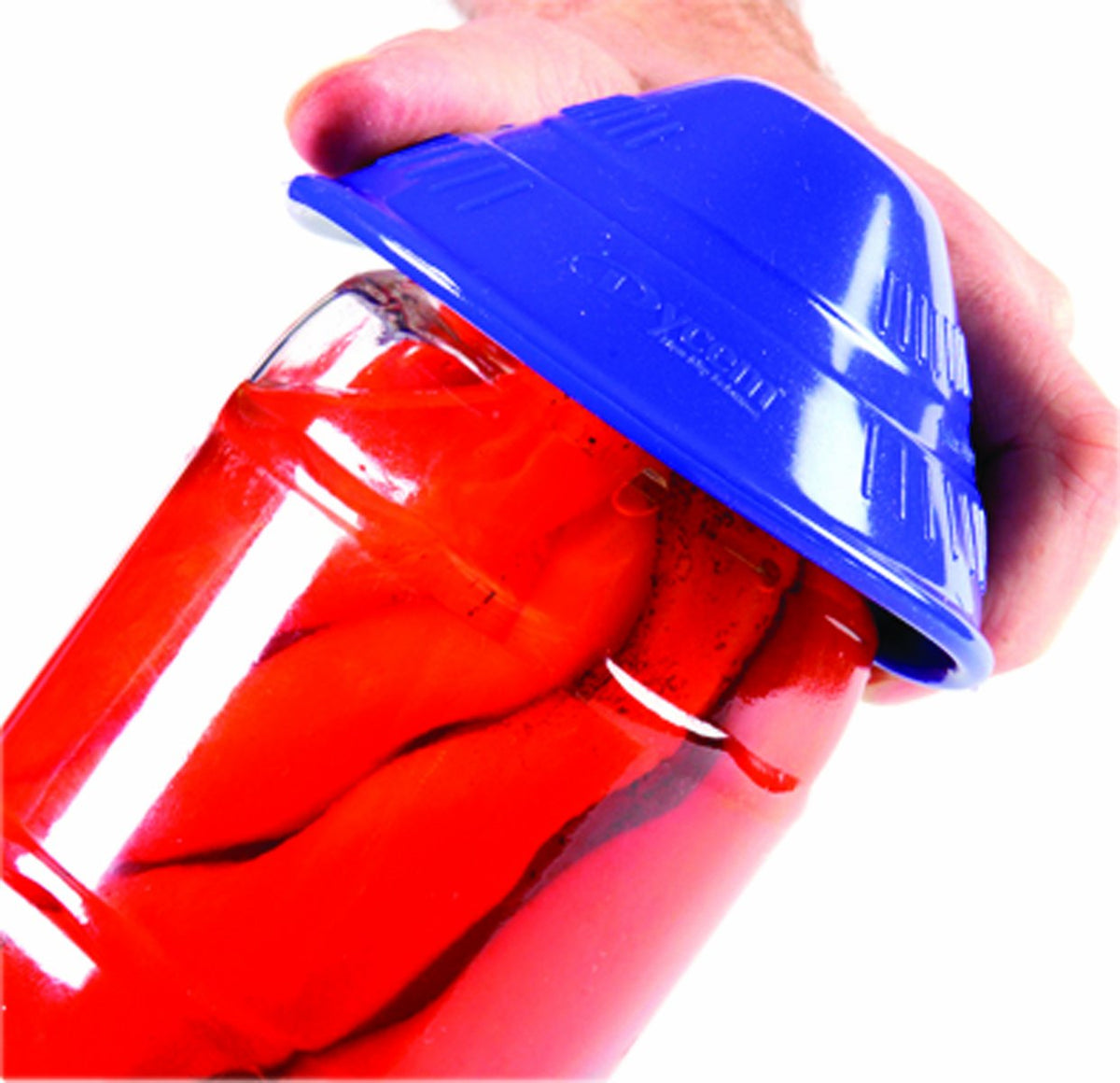 Dycem non-slip jar opener in blue being used by a hand to grip a red jar lid