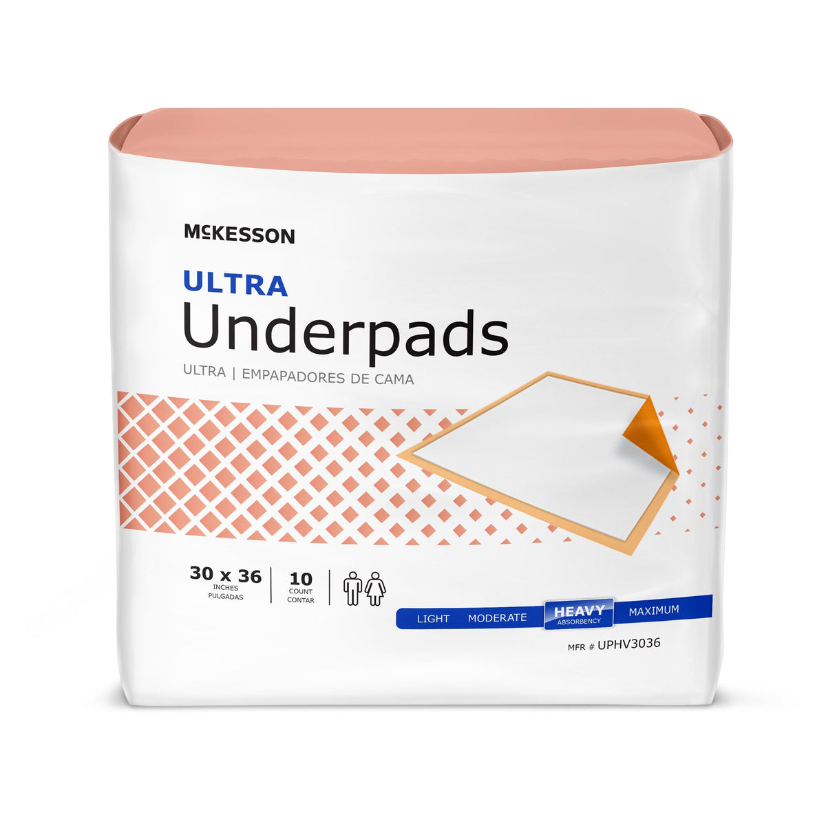 Disposable underpads package labeled McKesson Ultra, 30x36 inch, 10 count, heavy absorbency, with coral and white packaging