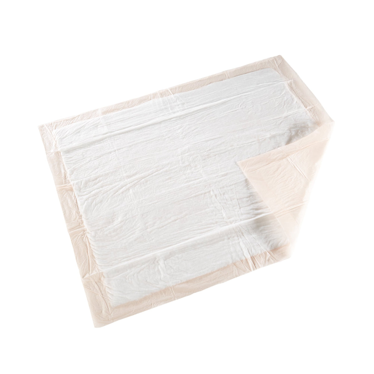 Disposable underpads with white absorbent top layer and beige waterproof backing, shown flat and unfolded on white background