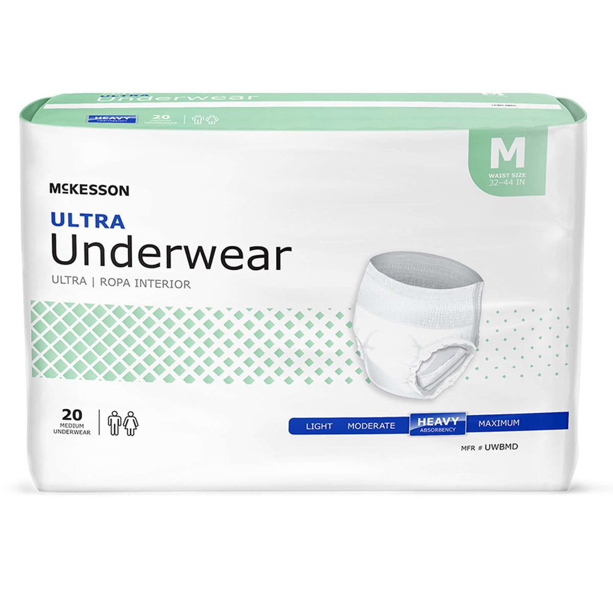Disposable absorbent underwear package, medium size, white with green accents, 20 count, heavy absorbency, unisex pull-on