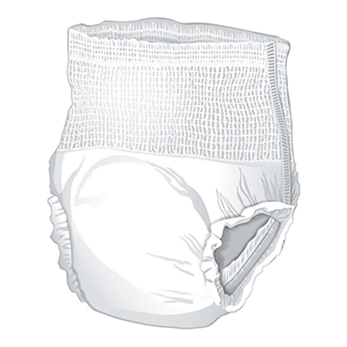 Disposable absorbent underwear with mesh waistband and pull-on style, shown in white from a side angle