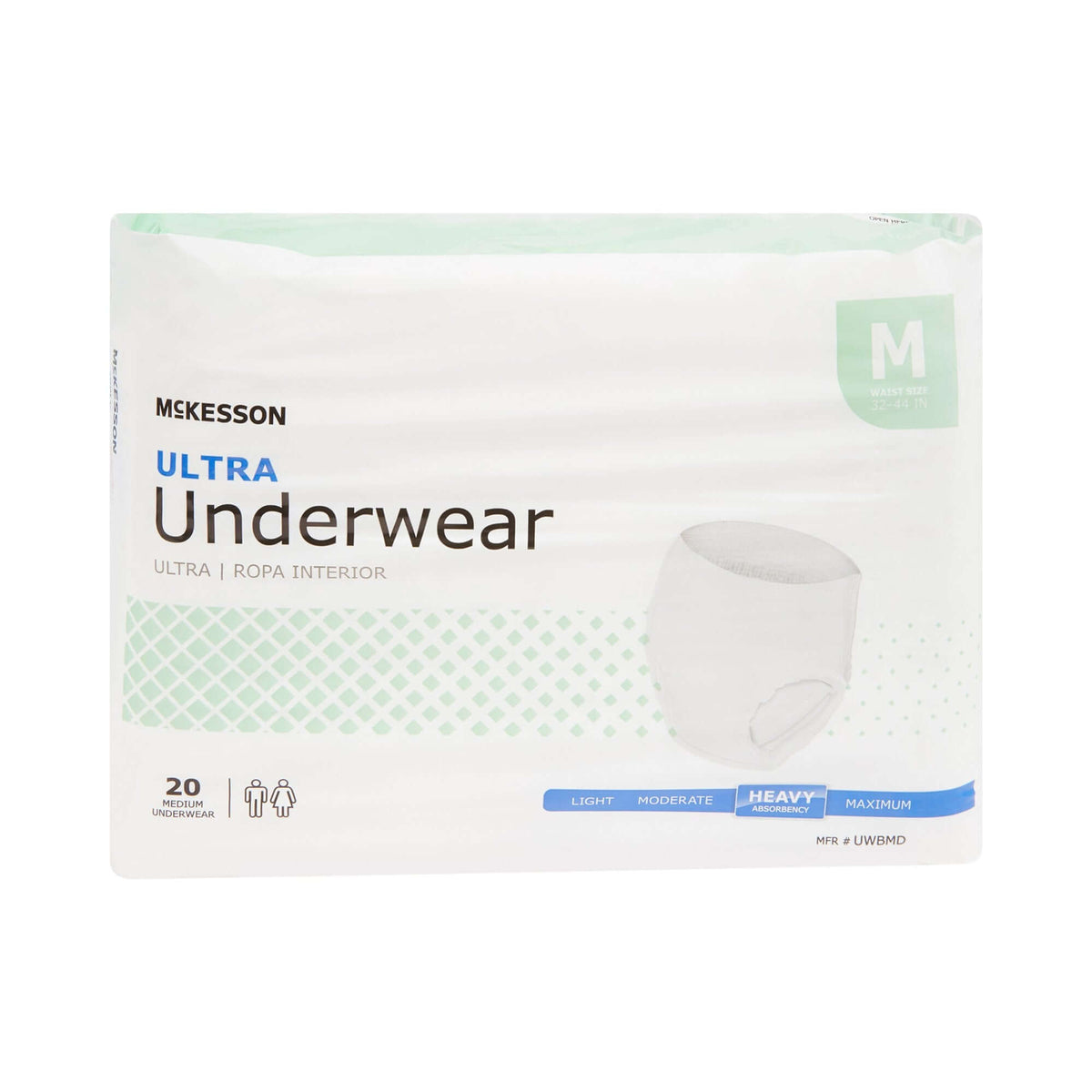 McKesson Ultra absorbent pull-up underwear, medium, 20-count package in white and green with heavy absorbency rating