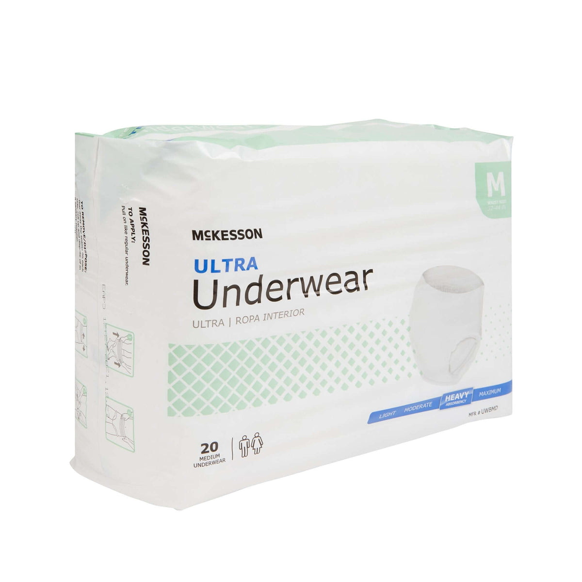 McKesson Ultra Underwear pull-up incontinence underwear package, medium size, 20 count, white and green packaging