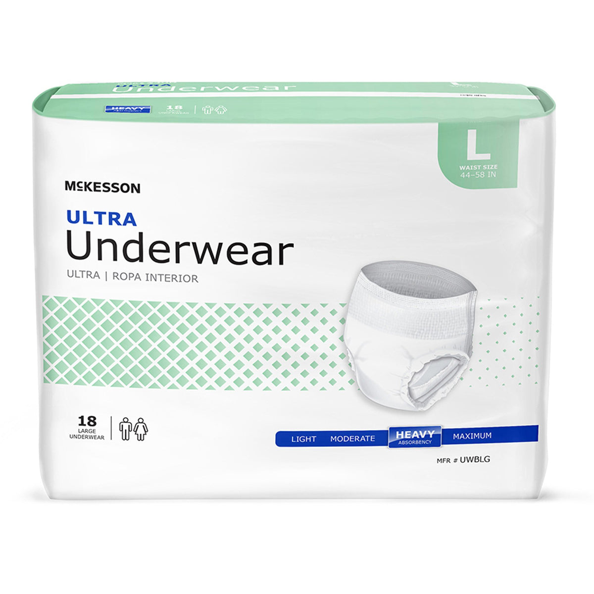 McKesson Ultra Underwear packaging, size Large, 18-count, with heavy absorbency rating and green and white design