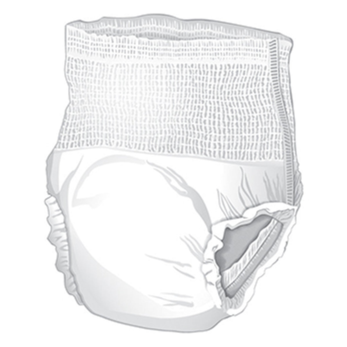 Adult absorbent pull-up underwear with mesh waistband and absorbent core, shown in white from a rear angle