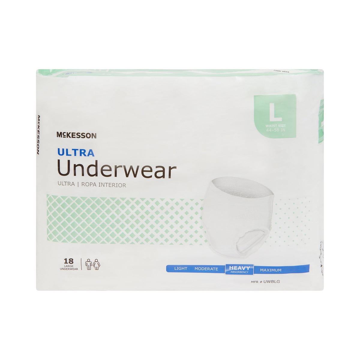 Absorbent underwear package, McKesson Ultra, size large, 18 count, heavy absorbency, white with green accents, unisex