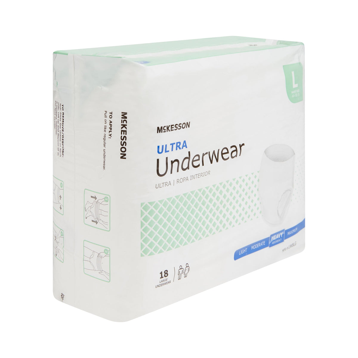McKesson Ultra Underwear packaged in white and green bag, size Large, count of 18, heavy absorbency level shown on scale