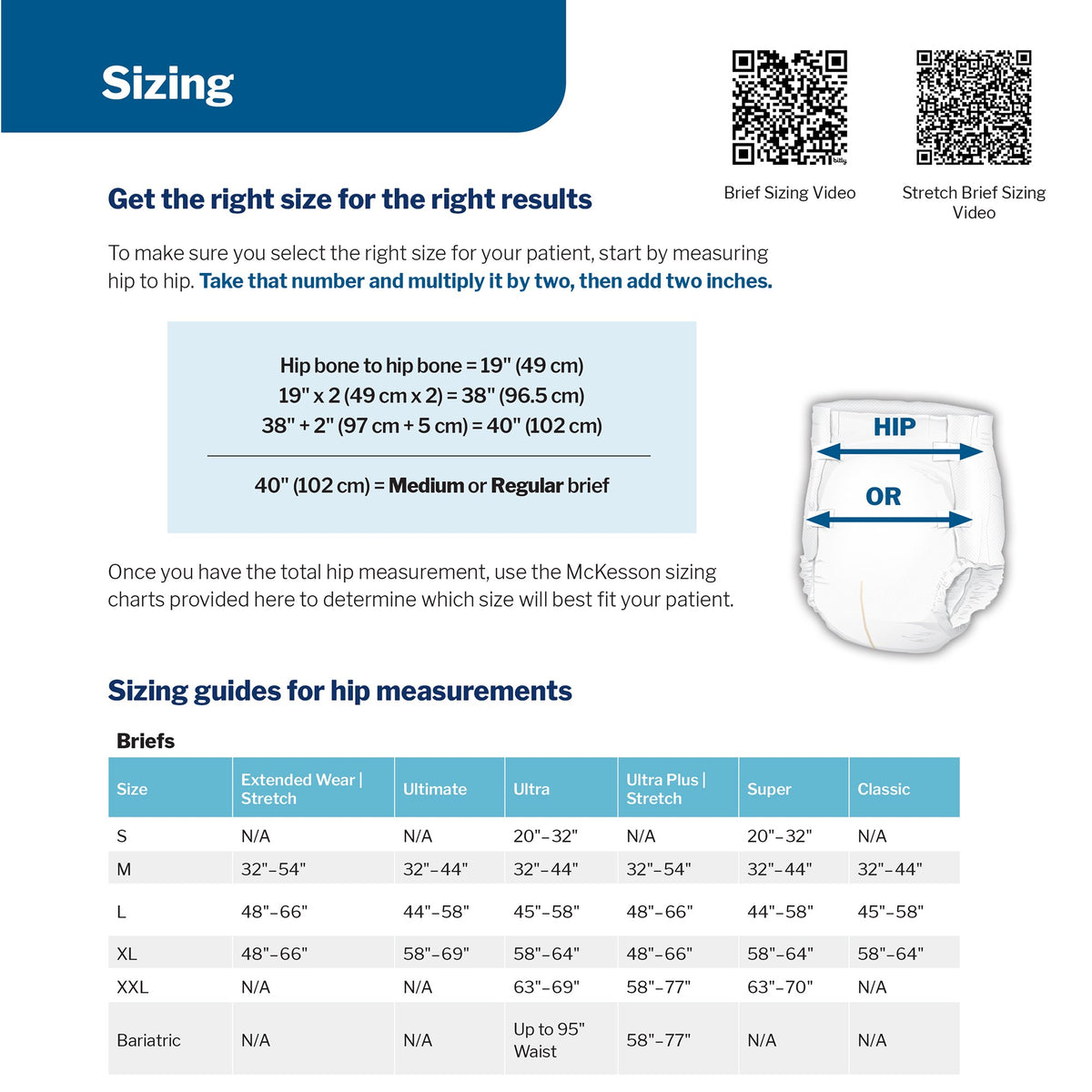 Adult brief sizing guide chart showing hip measurement instructions, size calculation example, and hip measurement range