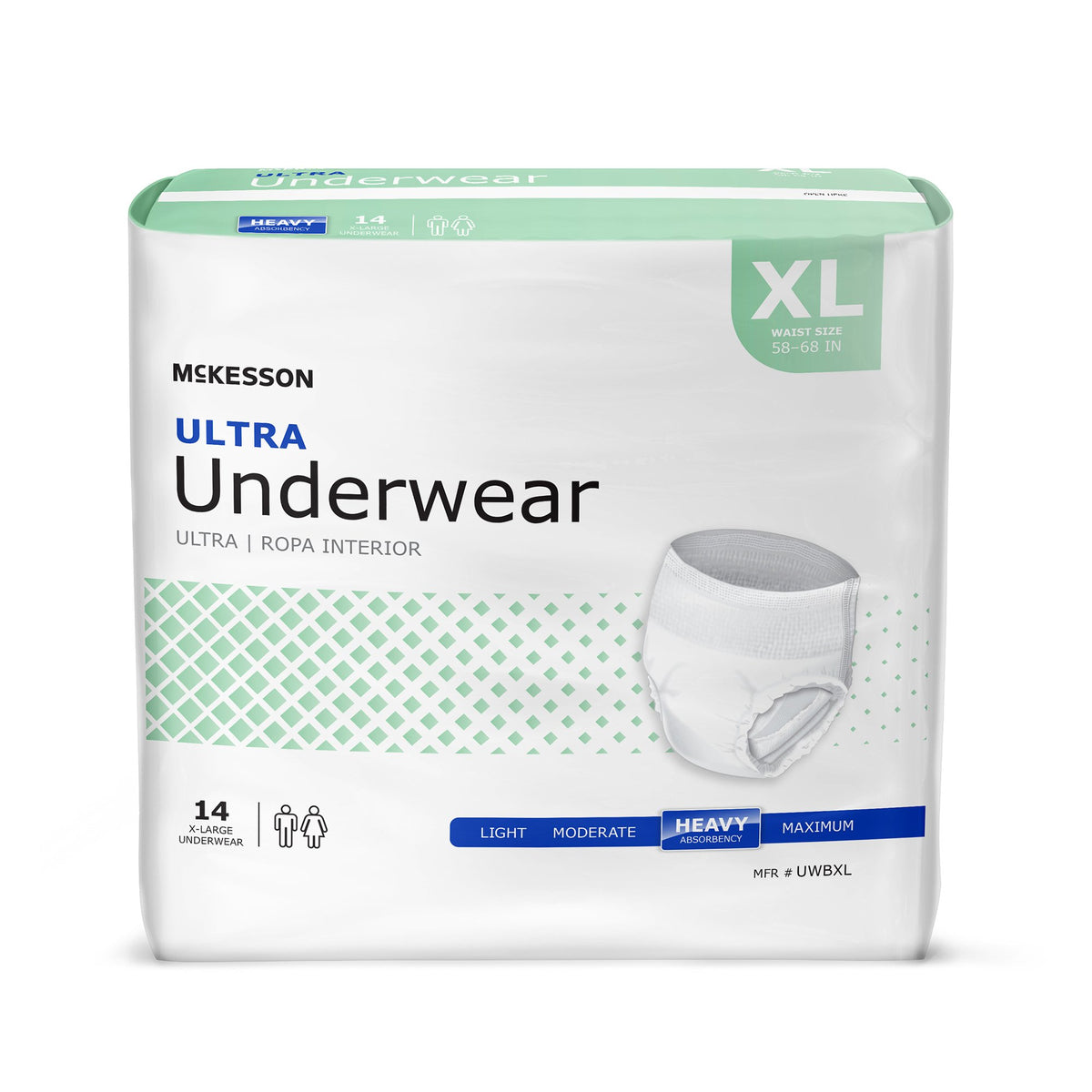 Absorbent underwear package in XL, white and mint green with heavy absorbency rating, 14-count pull-on style shown on