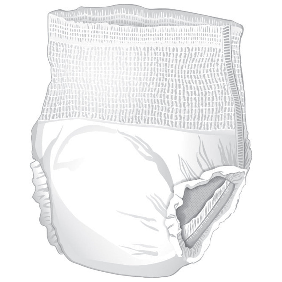 Adult absorbent pull-up underwear in white with mesh waistband and leg cuffs, shown in illustration style