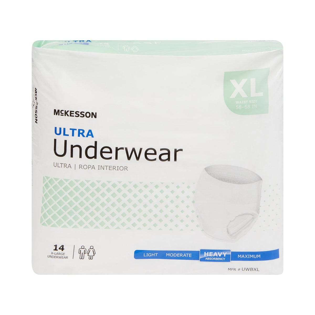 Packaged McKesson Ultra absorbent underwear, XL unisex, heavy absorbency, 14-count, white bag with mint green accents