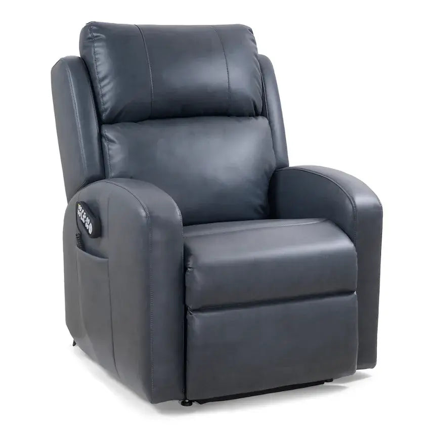 Power lift recliner in slate blue faux leather with cushioned back, padded armrests, and side control panel, shown upright