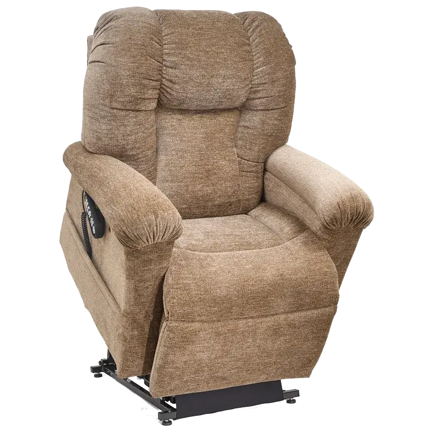 Power lift recliner chair in tan chenille fabric with tufted back, padded arms, side pocket, and hand control remote
