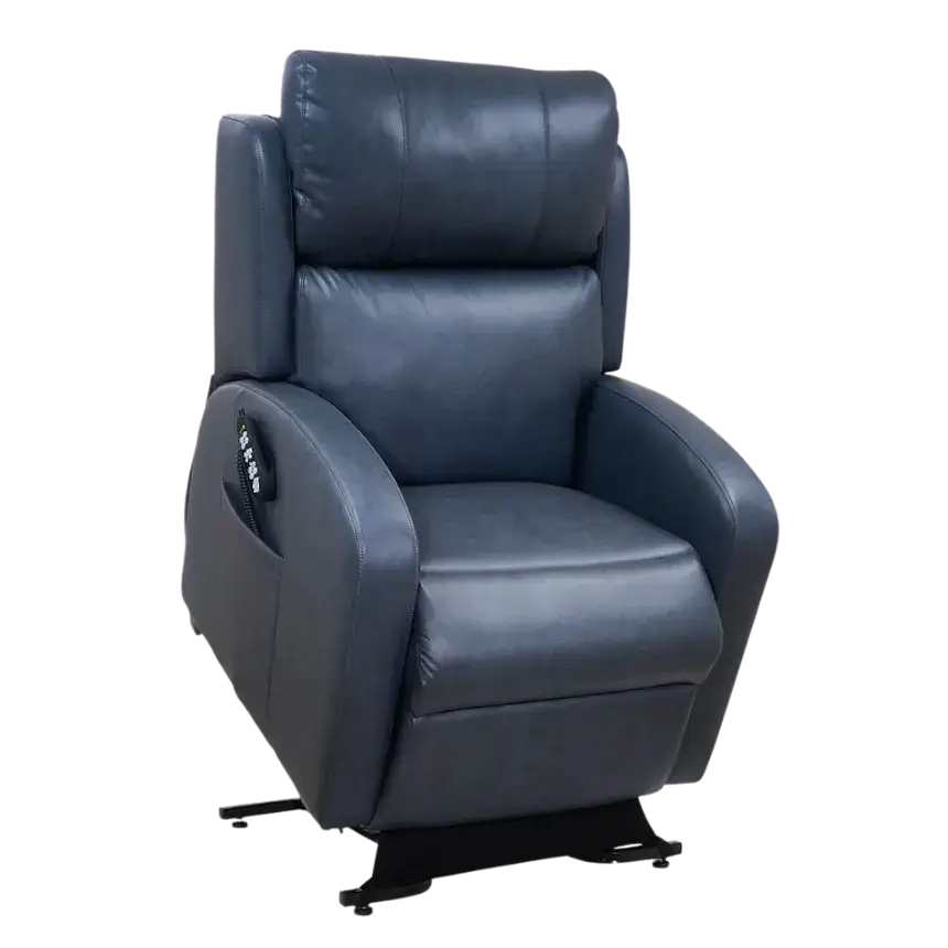 Power lift recliner in blue-gray leather upholstery with padded seat and back, side control panel, and black metal base