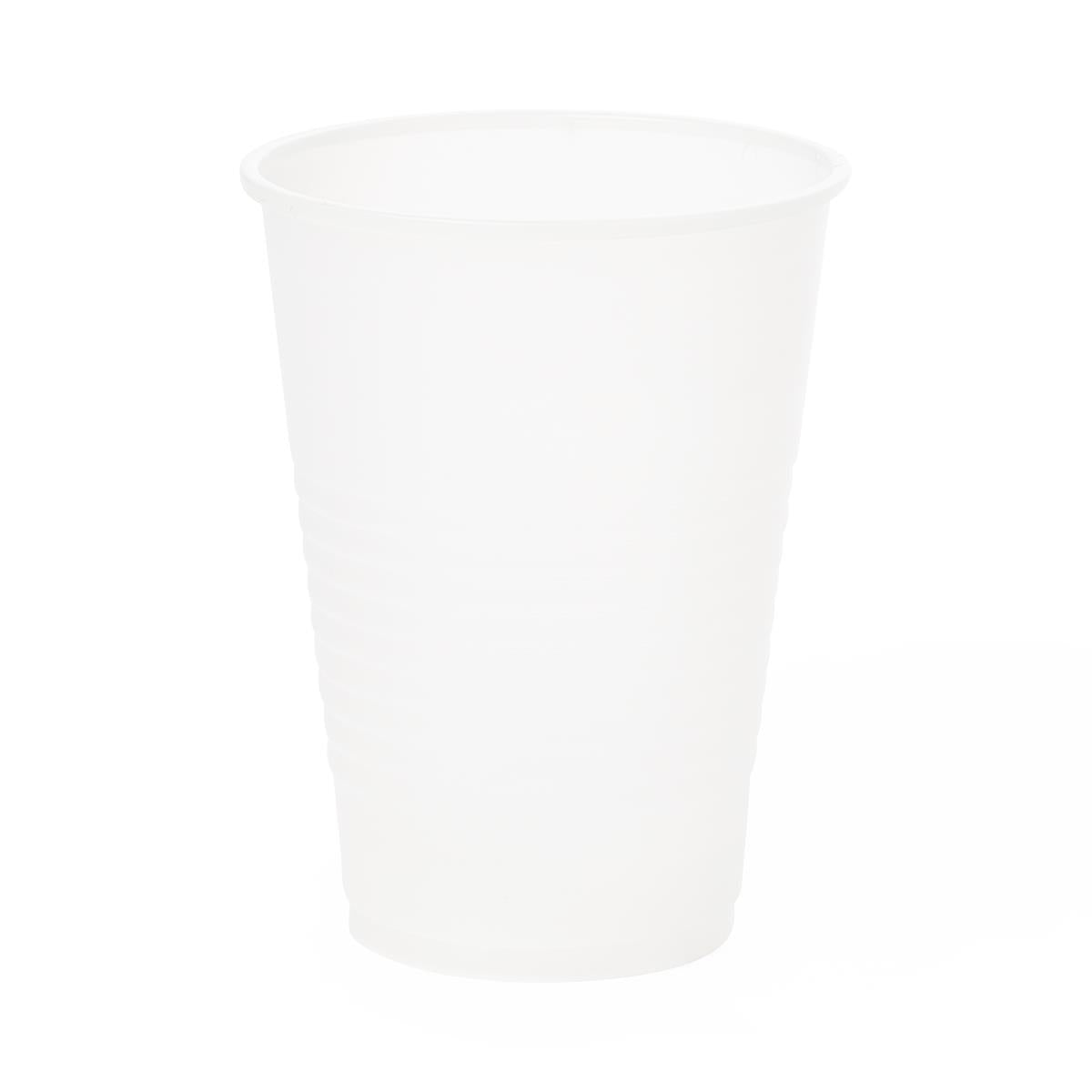 Translucent plastic disposable cup with tapered sides and rolled rim, shown on white background