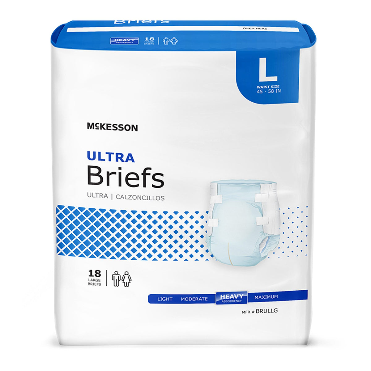 McKesson Ultra Briefs adult incontinence brief package, size Large, 18 count, heavy absorbency, white and blue bag