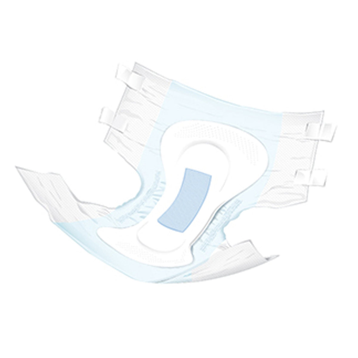 Adult incontinence brief in white and light blue with tab fasteners, shown open and angled on a white background