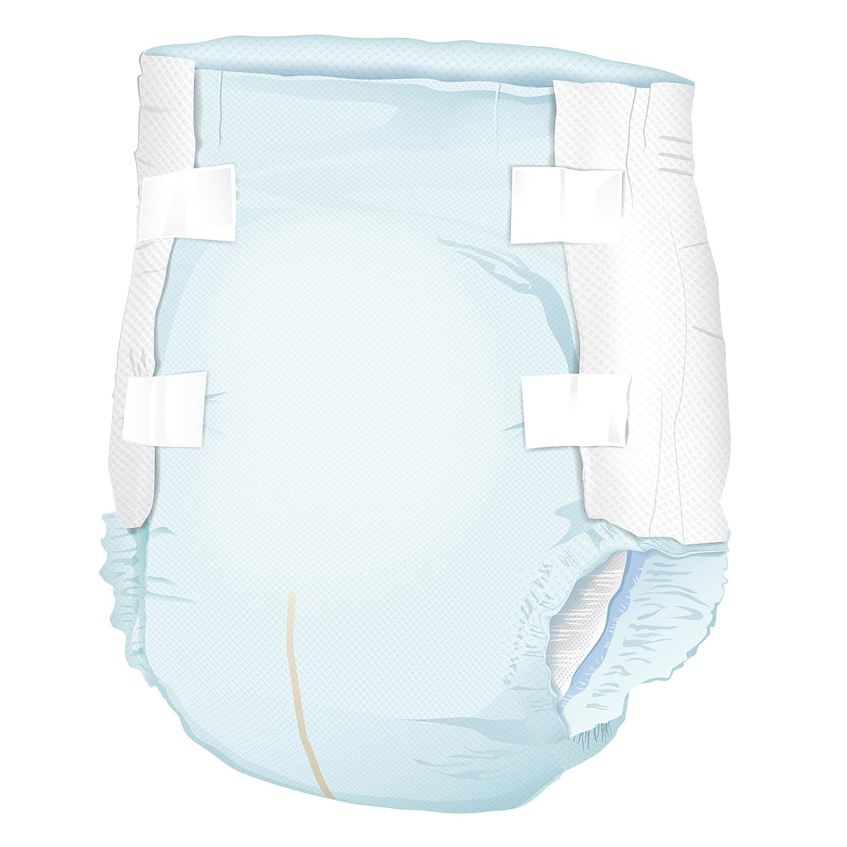 Adult incontinence brief in light blue with four white refastenable tabs, shown open and laid flat, front view