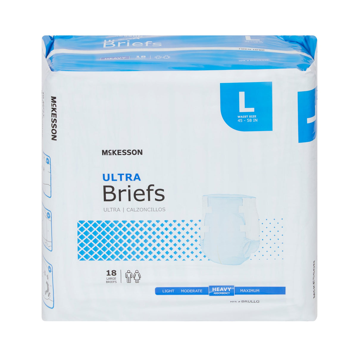 Adult incontinence briefs in white and blue packaging, size large, 18 count, heavy absorbency, unisex