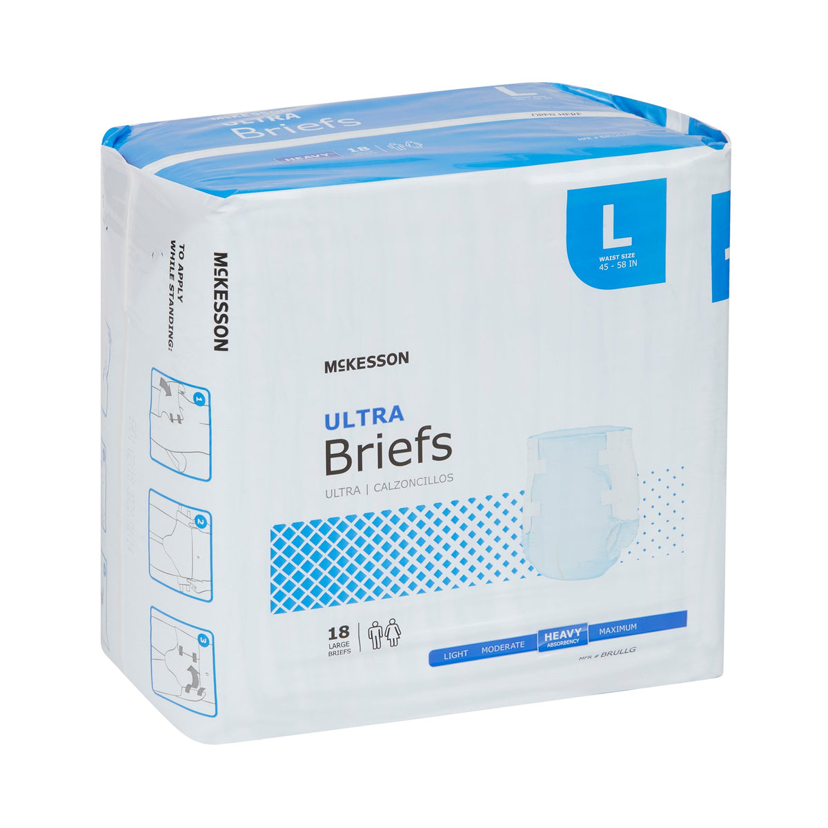 McKesson Ultra Briefs incontinence brief package, size Large, 18 count, with blue and white packaging