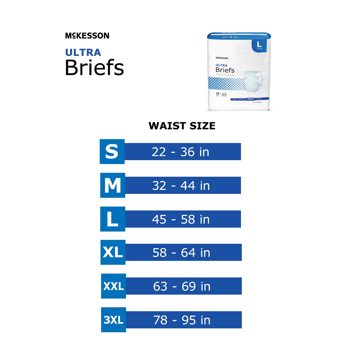 Adult incontinence brief size chart showing waist measurements for S through 3XL sizes, with product package inset