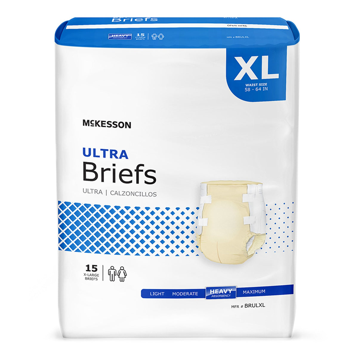 McKesson Ultra Briefs incontinence brief package, XL size, 15 count, heavy absorbency, white and blue bag with brief shown