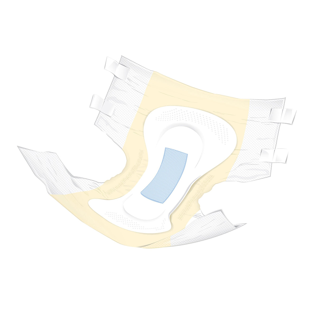 Adult incontinence brief with yellow outer shell, white absorbent core, blue wetness indicator strip, and refastenable side