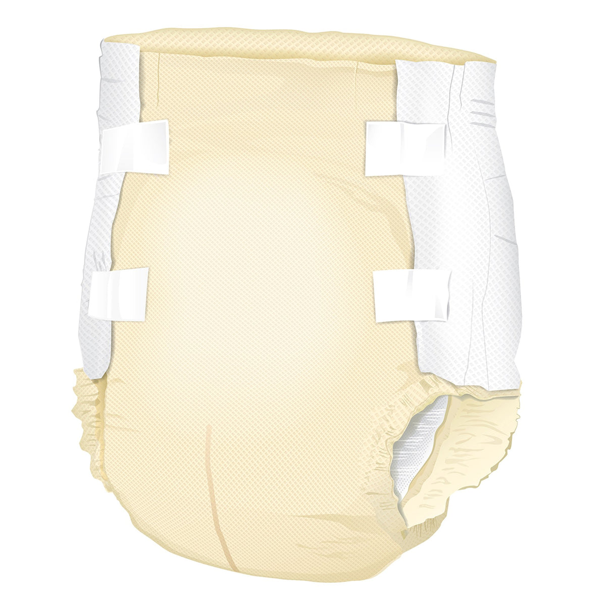 Adult incontinence brief in cream color with four white tape fastener tabs, shown unfolded against white background
