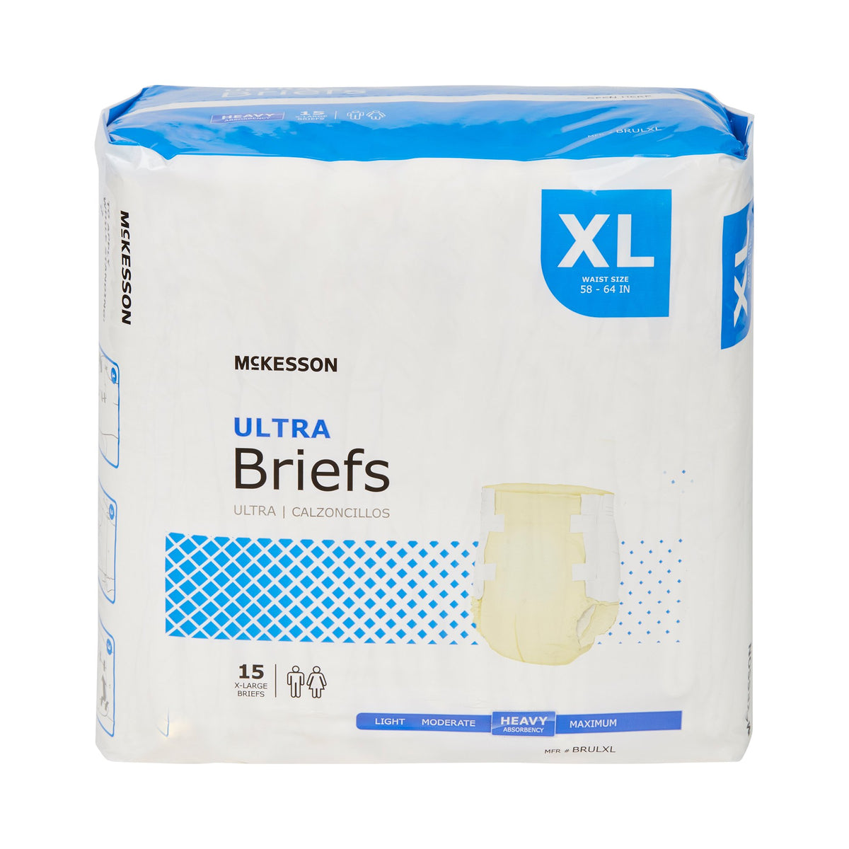 McKesson Ultra Briefs incontinence brief package, X-Large, 15 count, heavy absorbency, white bag with blue accents