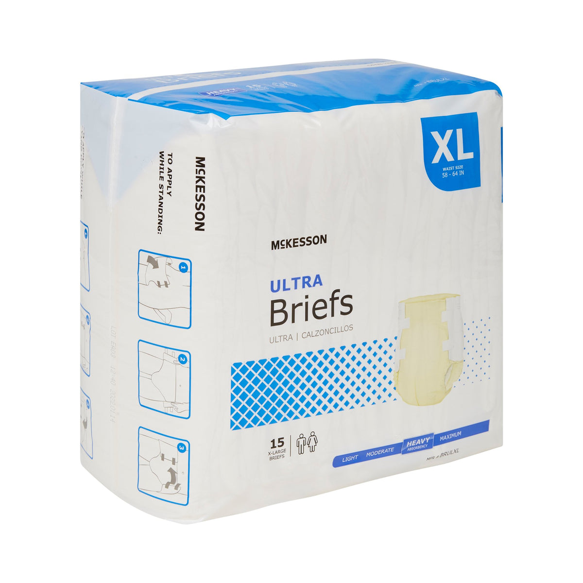 Adult incontinence brief package, McKesson Ultra, X-Large, 15 count, white and blue packaging with heavy absorbency rating