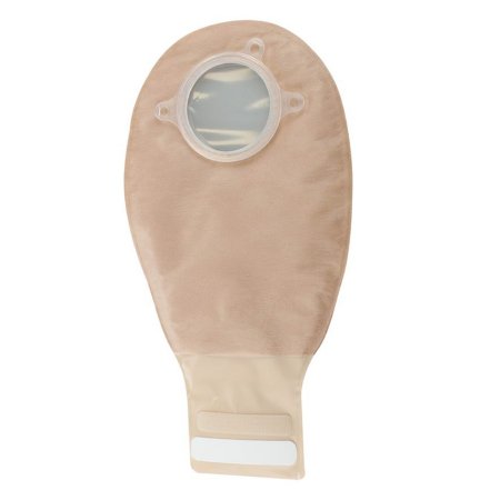 Ostomy pouch with circular two-piece coupling flange, beige fabric-covered drainable bag with closure strip, front view