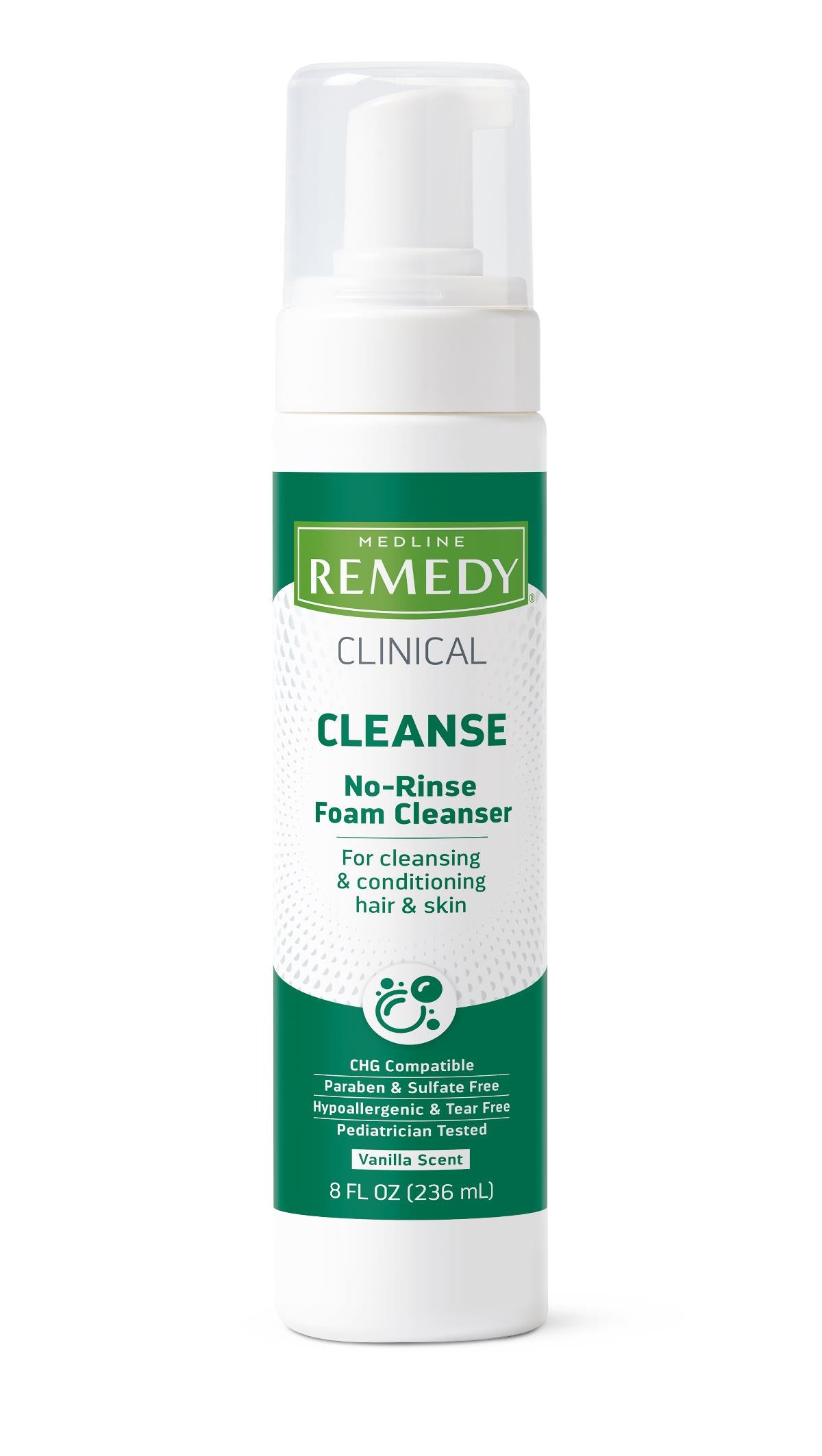 No-rinse foam cleanser in a white pump bottle with green label, vanilla scent, 8 fl oz