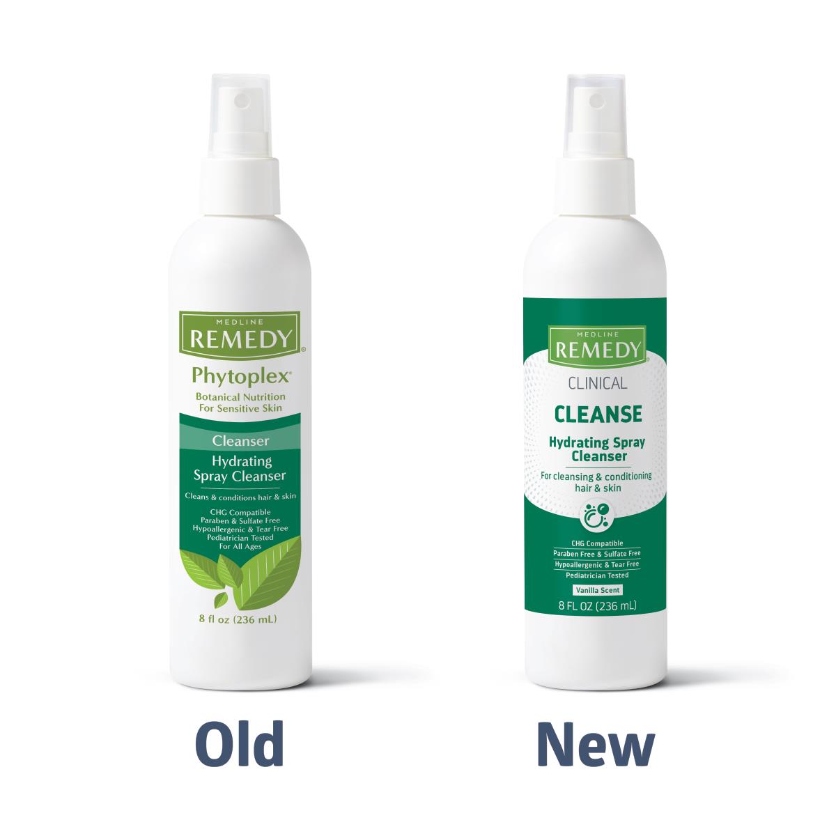Medline Remedy hydrating spray cleanser old vs new packaging comparison, two 8 fl oz white pump bottles with green labels