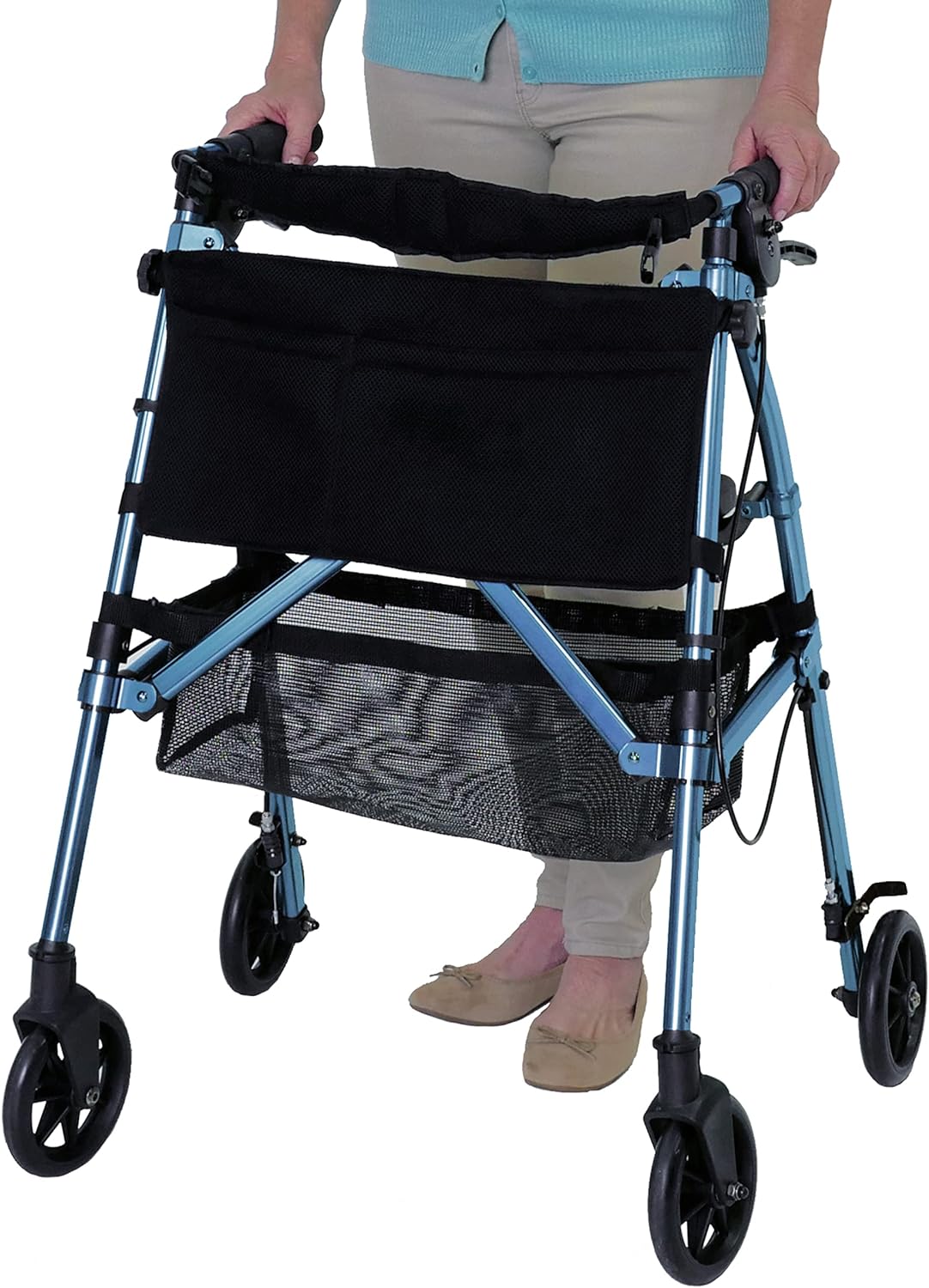Rollator walker with blue frame, hand brakes, black padded seat, storage bag, mesh basket, and four wheels, used by a woman