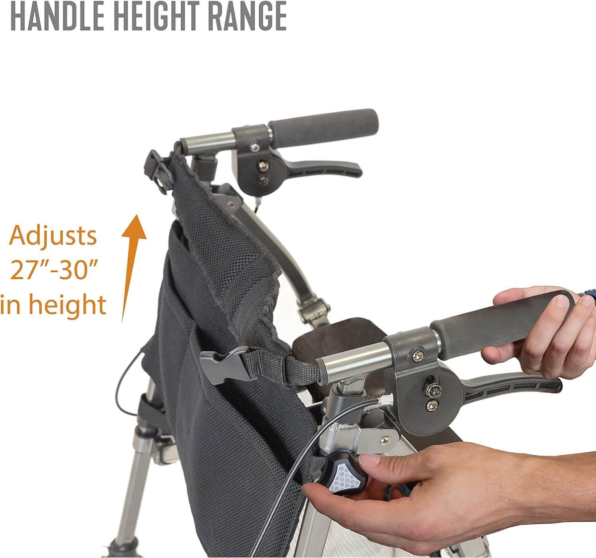 Rollator walker handlebar height adjustment being demonstrated by hand, showing brake levers and mesh bag storage
