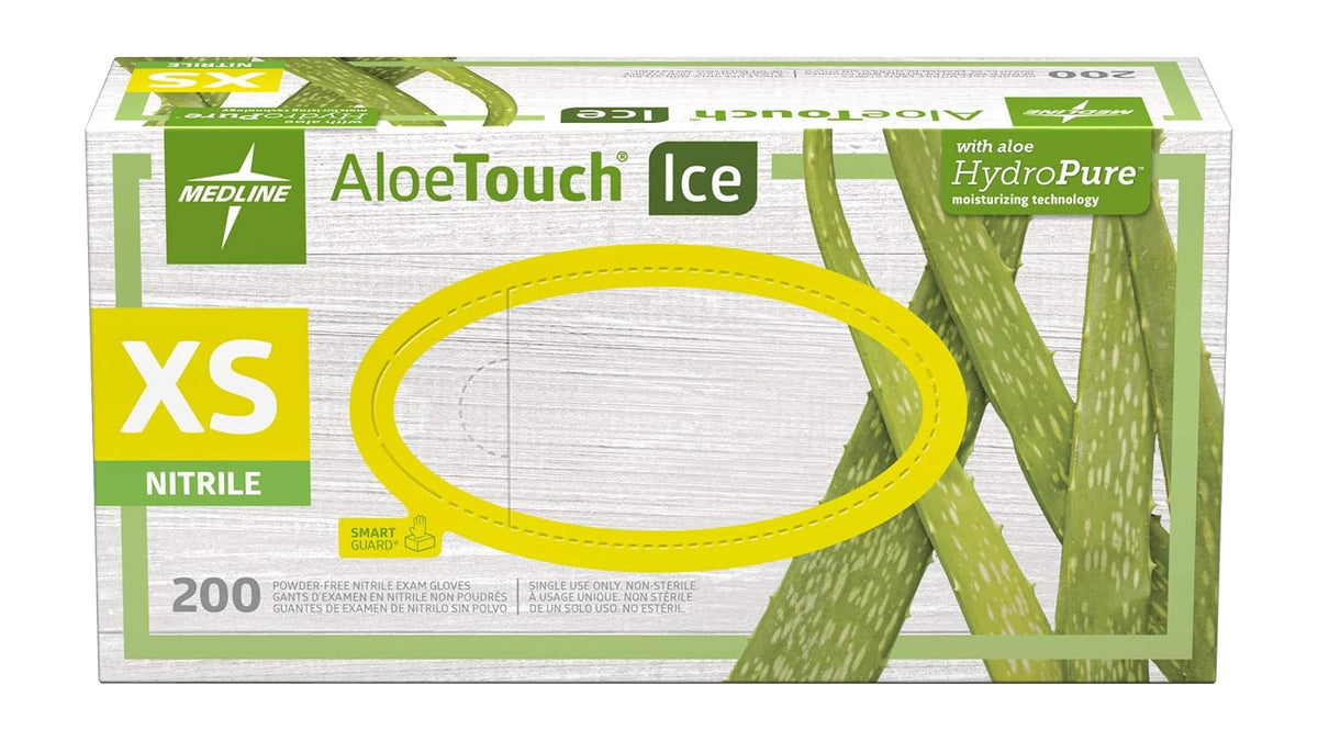 Nitrile exam gloves box, XS size, 200 count, powder-free, with aloe, green and white packaging with aloe vera imagery