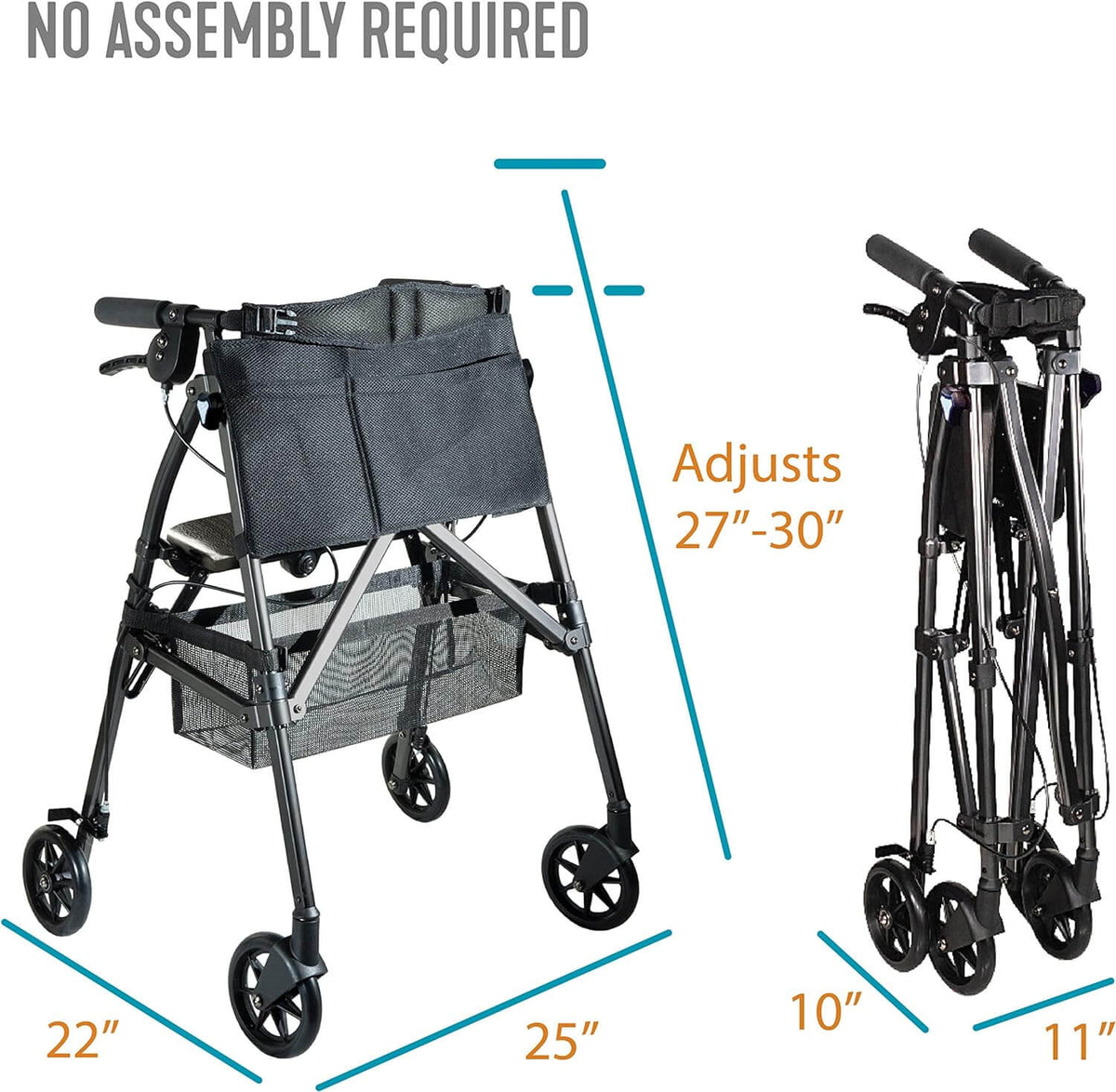 Rollator walker shown assembled and folded with dimensions, featuring gray bag, mesh basket, hand brakes, and four wheels
