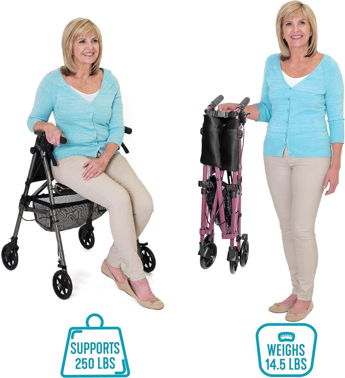 Rollator walker shown in use as a seat and folded compactly, with mesh basket and hand brakes, in black and rose finishes