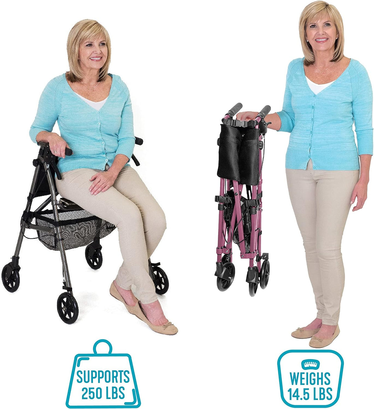 Rollator shown in use as a seat and folded compact, with a woman demonstrating both positions, featuring mesh basket and