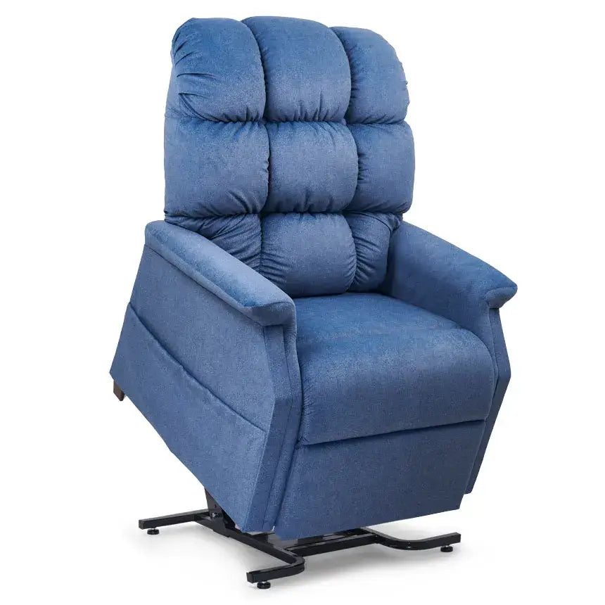 Lift chair recliner in blue fabric with tufted back cushioning, padded armrests, and black metal base in upright position