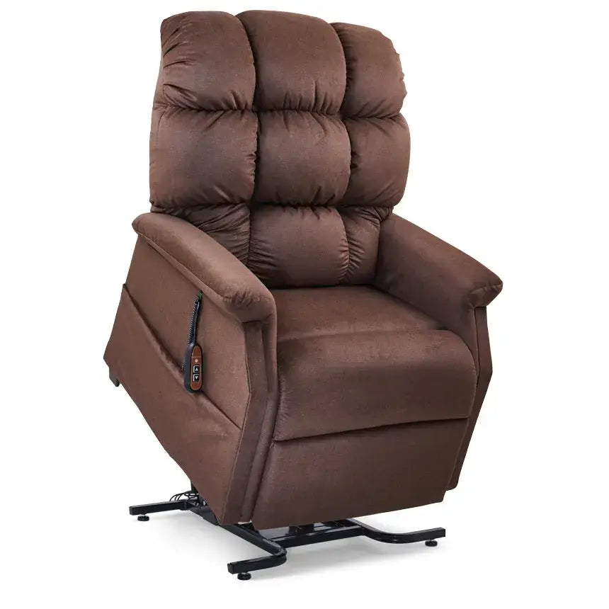 Power lift recliner chair in brown fabric with tufted back, padded arms, side remote, and metal base frame, shown upright