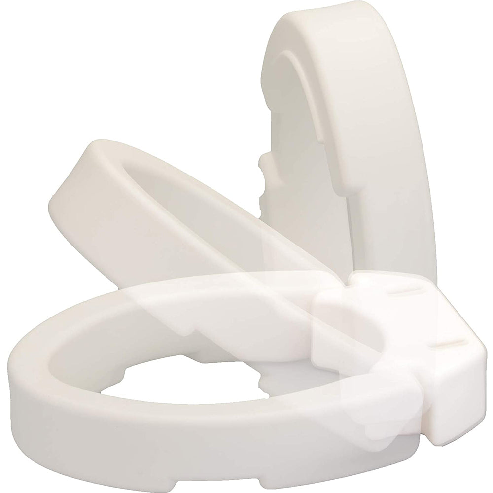 Raised toilet seat riser with hinged lid open, white plastic, shown at an angle on white background