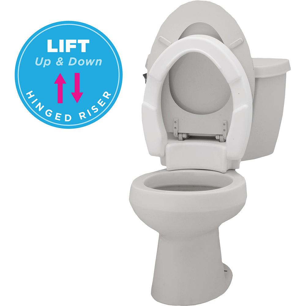 Hinged toilet seat riser shown in raised position on a standard toilet, with locking brackets visible underneath