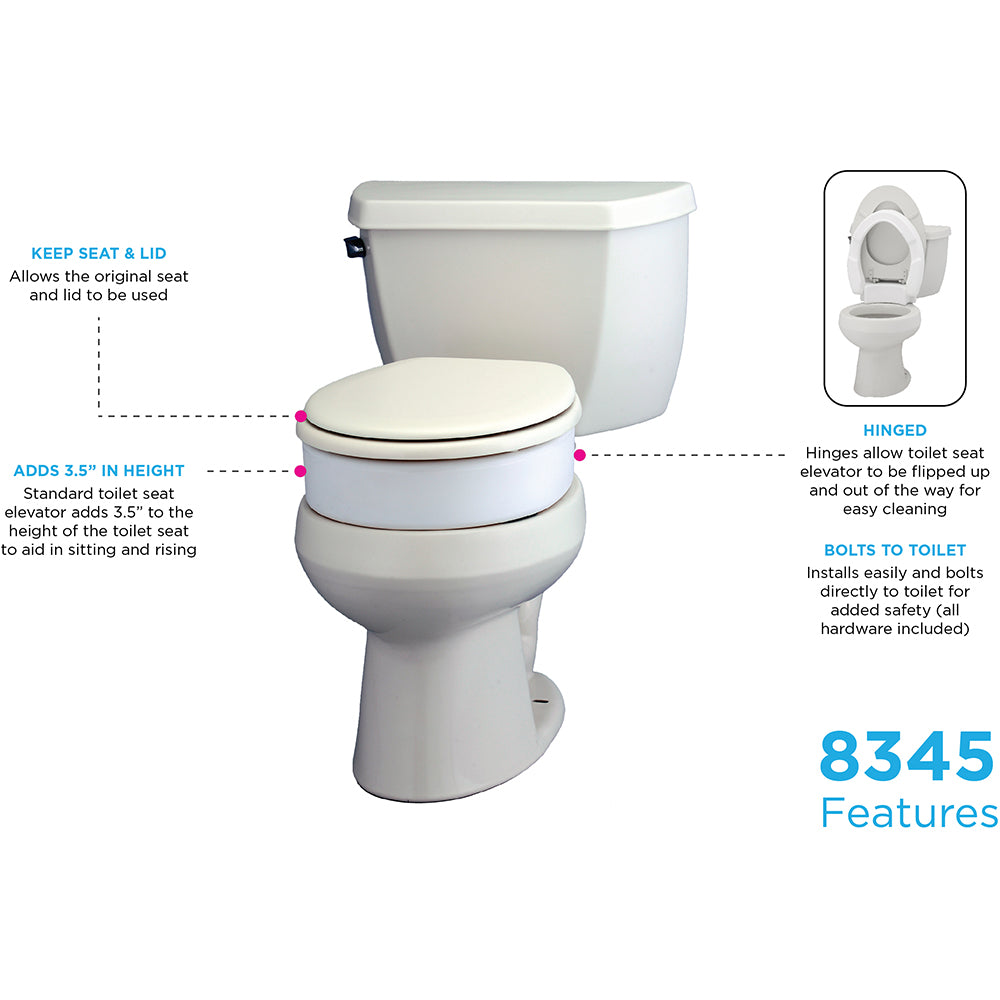 Hinged raised toilet seat elevator installed on white toilet, shown with feature callouts and inset showing seat flipped up
