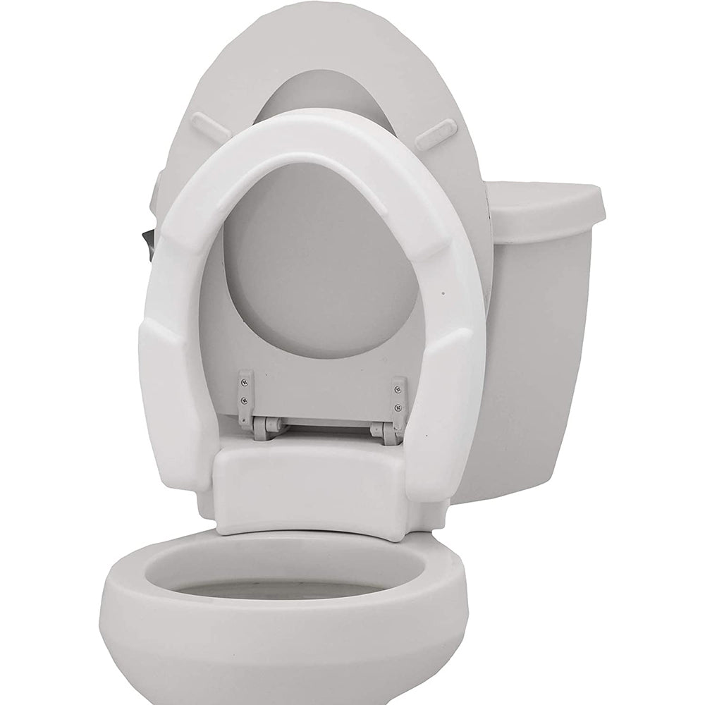 Hinged raised toilet seat riser in white, shown open and mounted on a standard toilet with locking side brackets visible