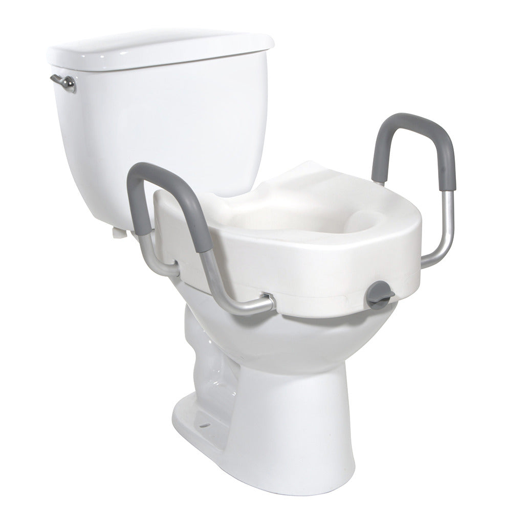 Raised toilet seat with removable padded armrests installed on a standard white toilet, shown on white background