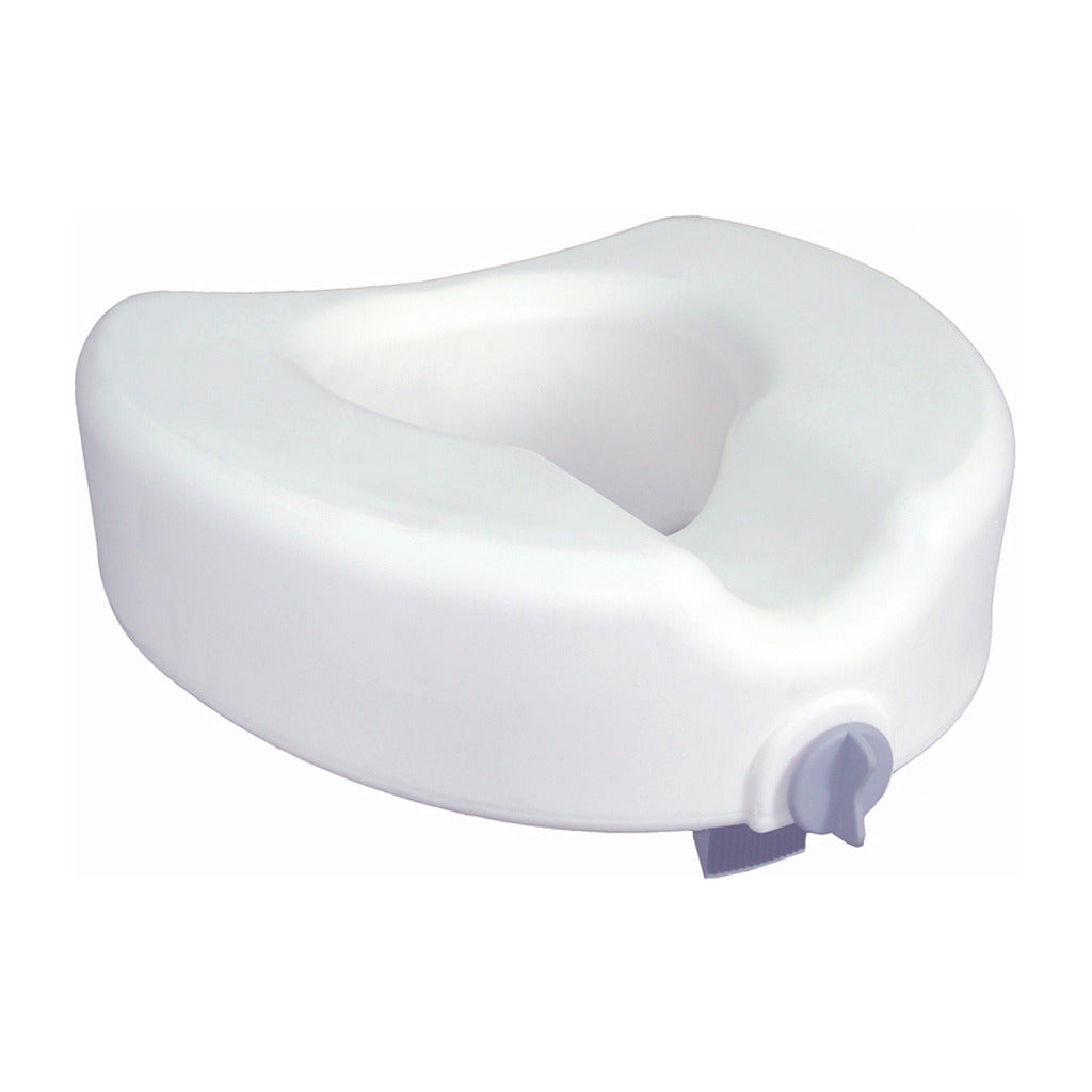 Raised toilet seat in white plastic with open front design and side locking clamp, shown on white background