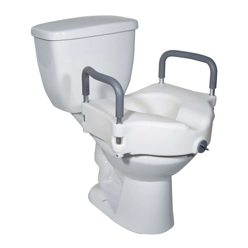 Raised toilet seat with removable padded armrests locked onto a standard white toilet, shown on white background
